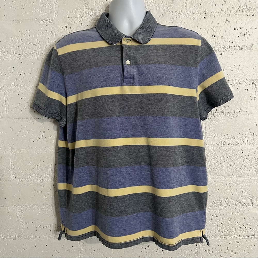 St Johns Bay Mens Performance Polo XL Blue Gray Yellow Stripe 100% Cotton F7